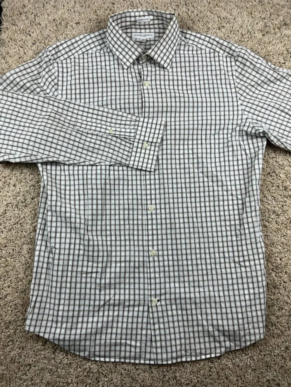 Banana Republic Men's Woven In Italy Plaid Shirt Beige Tan Size Large 16/16.5